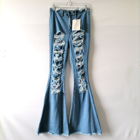 NWT AP Blue By Aphrodite Jeans Womens Distressed Flared Denim Size 13 (31) - Picture 1 of 7